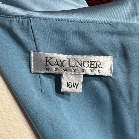 Elegant Kay Unger Steel Blue Satin Long Sleeve Dress Size 16W - Picture 2 of 11